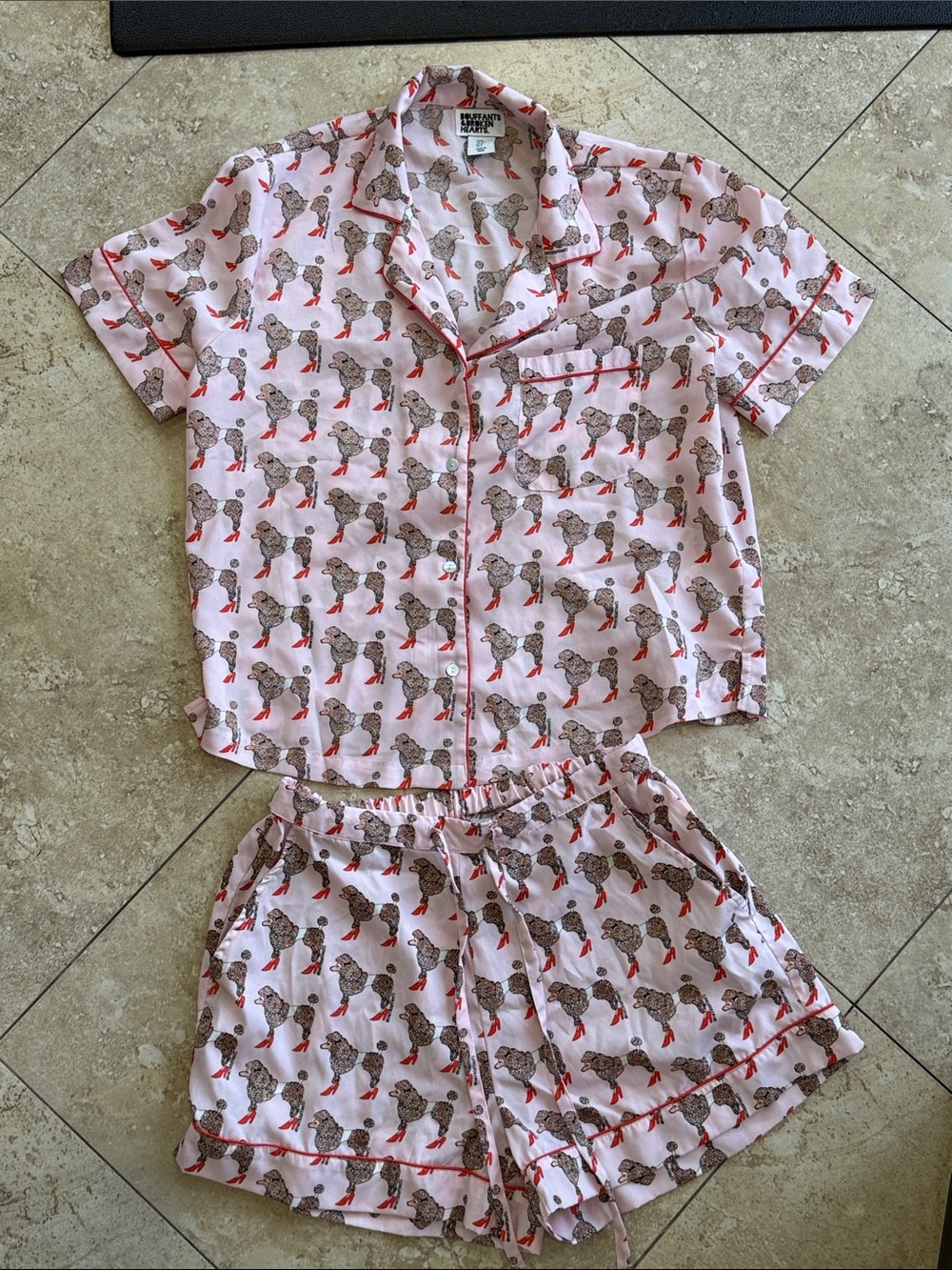 Bouffants & Broken Hearts Pink Poodle Pajama Top Shorts Set Sleepwear Small